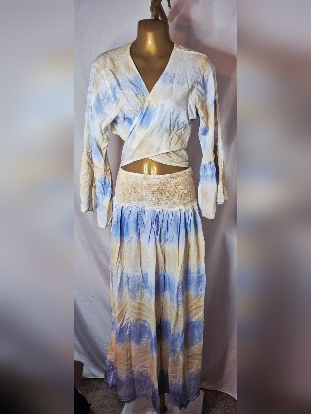 White Waves 2 Piece Pants Set Smocked Waist Versatile Top Blue & Yellow Sz L/XL